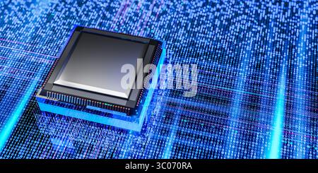 Microchip above matrix of binary numbers, blue digital lines, representing AI, cybersecurity, machine learning, software development, network analysis Stock Photo