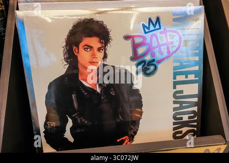 Almaty, Kazakhstan - July 08, 2025: Michael Jackson 'Bad 25' album on vinyl record. Pop music Stock Photo