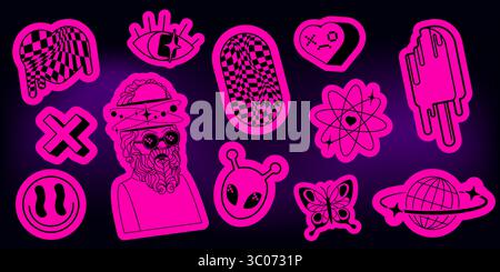 Neon pink future sticker set with y2k vibes - checkerboard geometric pattern, mystic eye and heart, atomic flower and melting popsicle, bearded man and alien creature, butterfly for cyber aesthetic. Stock Vector