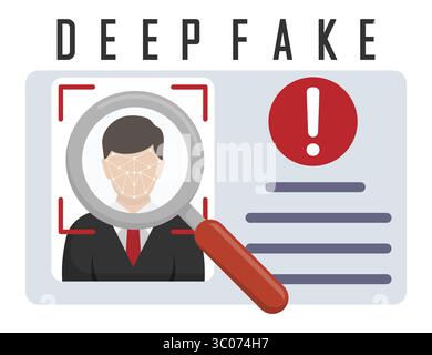 Flat vector illustration showing a magnifying glass inspecting a deepfake ID with facial recognition and alert symbol. Concept image of deepfake identity detection using biometric face scanning and red alert icon. Stock Vector