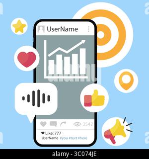 Flat vector illustration of a smartphone screen with rising graph and social media icons representing engagement, growth, and analytics. Conceptual illustration of social media performance with likes, voice comment, and stats showing digital marketing success Stock Vector