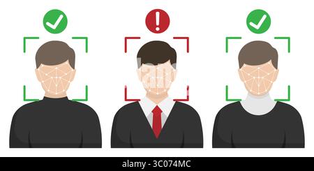 Concept of AI-driven security, identity fraud detection, and biometric verification for cyber protection. Two faces verified as authentic green check marks , one flagged as deepfake or suspicious red exclamation mark . Stock Vector