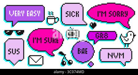 Pixel speech bubbles in with shadows - retro 8 bit chat balloons, text boxes for gaming UI. Digital communication icons, message clouds, dialogue elements for apps, social media vintage style design. Stock Vector