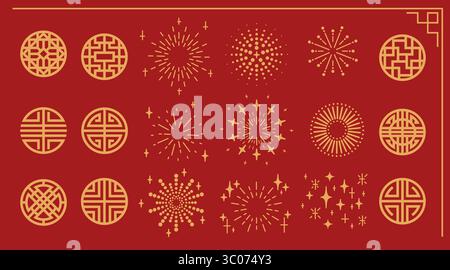 Golden circle patterns on red bg - traditional Chinese and Japanese geometric designs, fireworks, stars bursting. Oriental decorative emblems with lattice circles for lunar new year, Asian festivals Stock Vector