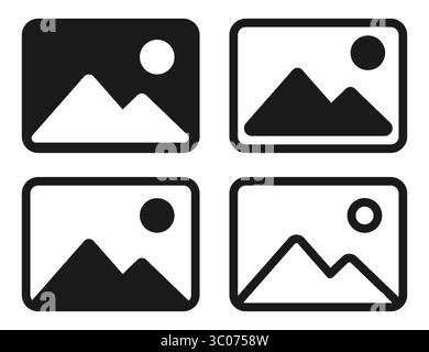 Set of black and white image icons showing mountain and sun. Minimalist photo placeholder symbols with picture outline. Collection of photo icons for image preview or gallery interface. Image icon set. Photo placeholder symbol. Minimal picture icons. Gallery image UI. Picture template icon. Stock Vector
