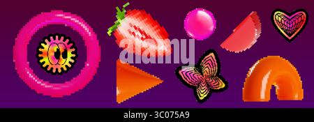 Neon pixel art elements in y2k brutalism style - glowing eye face, strawberry fruit, gradient orb, geometric butterfly, heart pattern and orange arch. Retro digital graphics for nostalgic design. Stock Vector