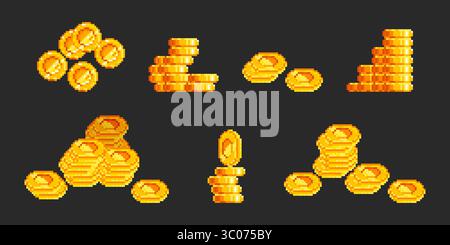 Pixel art gold coin stacks in retro 8 bit style - shiny yellow treasure piles with various heights on dark background for arcade game currency, video game loot or digital reward system graphics. Stock Vector