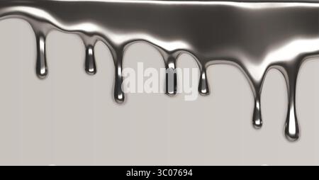 Liquid silver border isolated on background. Vector realistic illustration of molten chrome substance with glossy drops, metallic paint splash, smooth platinum, steel, aluminum frame with blobs Stock Vector