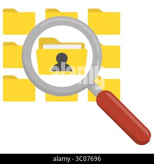 Data privacy concept with file folders and magnifier, representing inspection, research, or identity tracking. Search personal data. Data folder icon. File identity audit. Privacy folder search. Digital profile tracking. Stock Vector