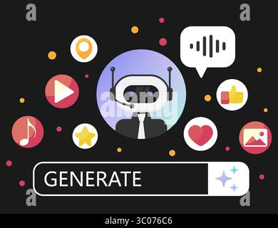 Robot assistant generating multimedia content surrounded by icons of music, video, image, and social media. Modern flat UI concept with AI chatbot and creative content symbols. AI content generator. Robot assistant interface. Multimedia icons set. Creative bot design. Artificial intelligence background. Stock Vector
