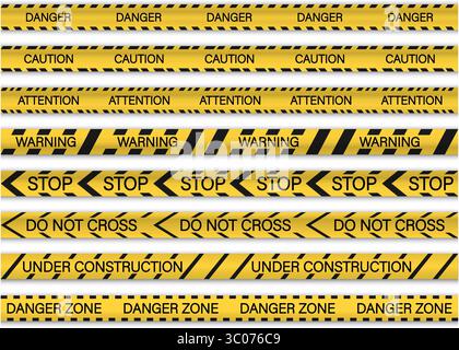 Set of 3D warning tapes with reflective effect and warning text. Perfect for use in security signage, construction graphics, and restricted zone illustrations. Ideal for banners, signs, and safety visuals. Realistic caution tape. 3D danger ribbon. Under construction banner. Stop warning sign. Do not cross tape. Stock Vector