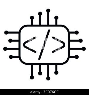 Minimalist vector icon of a microchip with code symbols, representing programming, AI, and digital technology, circuit chip featuring code brackets, symbolizing software, innovation, and tech development. Code chip icon. Digital programming symbol. AI coding vector. Microchip with code. Tech development illustration. Stock Vector