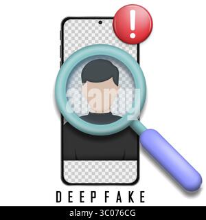 Vector illustration showing a magnifying glass scanning a faceless avatar on a smartphone screen with an exclamation mark, symbolizing deepfake detection and identity verification. Fake identity alert with magnifying glass Stock Vector