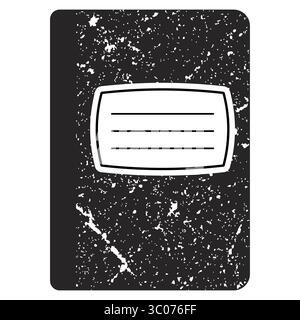 Traditional school composition notebook cover design in black and white with grunge texture and editable title label area. Classic black and white marble composition notebook cover with a label for writing. Notebook with Tabs and Pencil. Grid and Lined Pages. Spiral Notepad Collection. Stock Vector