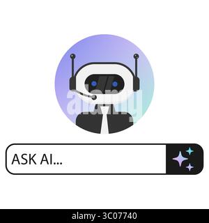 Minimal AI chatbot concept featuring a robot in headset with a conversation field, ideal for customer service, virtual assistant, or artificial intelligence topics. Perfect for tech, software, or UI UX presentations. AI chatbot icon. Virtual assistant bot. Ask AI interface. Robot support avatar. Smart help design. Stock Vector