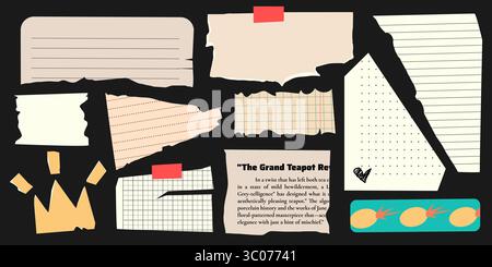 Vintage torn note paper elements - ripped notebook sheets with lines, grid patterns, dotted textures. Papers with adhesive tape, retro stationery pieces for scrapbooking, journaling, collage art. Stock Vector