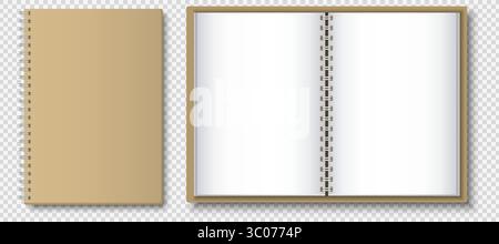 Editable mockup featuring a realistic notebook with spiral binding, including closed and open views, ideal for branding, design, or print presentations. Open Spiral Notebook Mockup. Notebook Top View. Blank Notebook Pages. Office Stationery Design. Editable Notebook Cover. Stock Vector