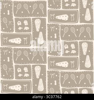 Tennis bento grid seamless pattern. Sports rackets, balls and bows on geometric boxes endless background. Surface pattern entertainment motif. Vector Stock Vector