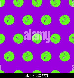 Seamless pattern with bold neon colors stencil circles. Charcoal polka dots endless background. Electric green and purple grunge dot repeat cover. Vec Stock Vector