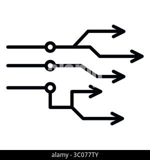 Minimalist vector illustration of circuit-style arrows symbolizing data flow and signal direction in digital systems. Data flow icon. Digital arrow vector. AI signal path. Technology circuit arrows. Information transfer symbol. Stock Vector