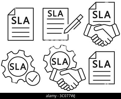 Vector set of SLA line icons representing agreement, partnership, contract signing, and service compliance. SLA icon set. Contract agreement line icon. Business compliance illustration. Service level outline vector. Partnership document icon. Stock Vector