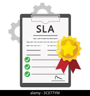 Vector illustration of a Service Level Agreement SLA document with checklist and certification badge, representing quality assurance and business standards, ideal for topics like quality, standards, and IT service. Stock Vector