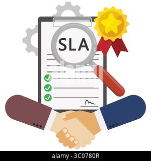 Vector illustration of a business handshake in front of a Service Level Agreement SLA document with a magnifying glass and approval badge, symbolizing trust and contract compliance. Flat style image showing partnership, SLA verification, and certified deal with handshake and quality badge. Stock Vector