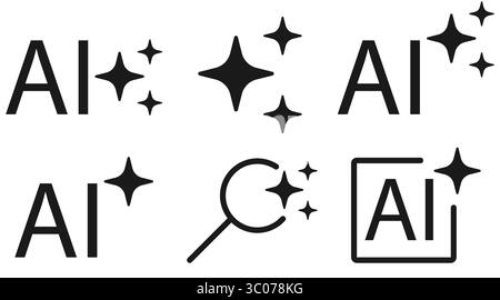 Minimalistic black AI icons with sparkle elements representing artificial intelligence, automation, and digital innovation on white background. Perfect for design projects related to automation, software, or innovation. Stock Vector