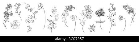 Set of tiny wildflowers and plant line art  Stock Vector
