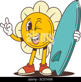 Adventurous flower character with a wink and rock gesture holding a surfboard, capturing beach vibes and fun-loving attitude. Perfect for surf-themed Stock Vector