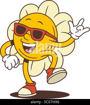 Flower mascot dancing with sunglasses and raised arms, one leg lifted in a dynamic pose. Bursting with joyful movement, ideal for festive designs and Stock Vector