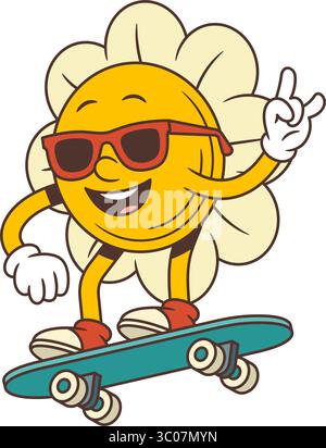 Playful flower character with sunglasses riding a skateboard and flashing a rock sign. Radiates retro vibes and summer joy. Ideal for kids projects, s Stock Vector