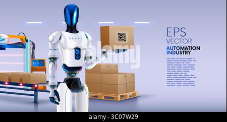 Humanoid anthropomorphic robot with artificial intelligence or AI works on an conveyor belt sorting boxes on warehouse or logistics center. Electronic Stock Vector