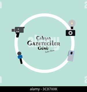 10 Ocak, Çalışan Gazeteciler Günü Kutlu Olsun. Translation: January 10, Happy Working Journalists Day. Stock Vector