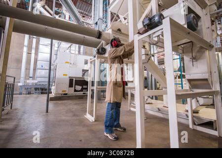 June 21, 2016 - Addis Ababa, Ethiopia - Addis Ababa, Ethiopia - Ethiopian male worker working on the mixing hopper machine at Oromia Coffee Farmers Cooperative. (Credit Image: © Edwin Remsberg / Vwpics/VW Pics via ZUMA Wire) Stock Photo