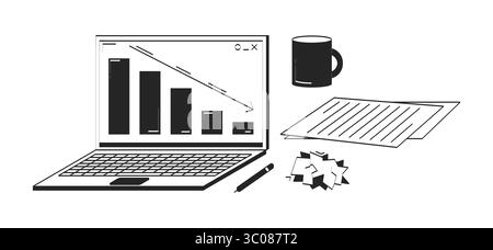 Laptop with declining graph and office supplies doodle linear objects set Stock Vector