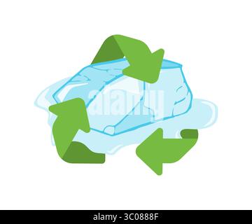 Melting glaciers with recycle arrows surrounding it, representing water saving and environmental problems related to global warming and climate change Stock Vector