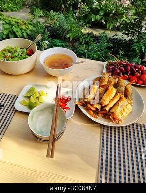 Dining in the garden - vietnamese food: nem rán ( fried spring rolls ), salad, fresh berries and soup. Stock Photo