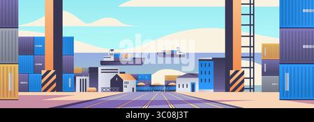 Shipping containers port trade concept. Colorful stacked containers ships sea buildings cranes sky. Industrial logistics theme Stock Vector