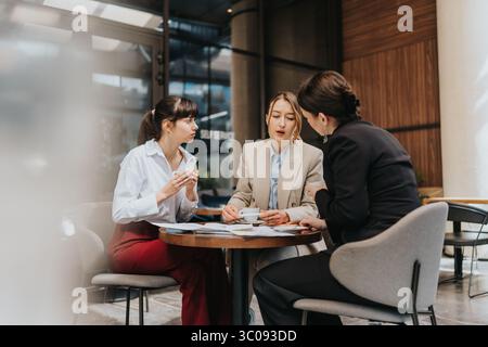 Collaborative meeting between professionals in modern office with natural lighting and stylish furniture. Stock Photo