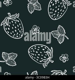 Seamless hand-drawn pattern with strawberries, leaves, and flowers in white outline on deep black-green background. Perfect for packaging, fabric, and Stock Vector