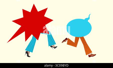 Digital artwork of red star and blue speech bubble characters walking in heels and shoes symbolizing emotional reaction. Mock up for ads, text Stock Photo