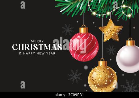 Elegant Christmas Greeting Clipart Design with Red, Gold, and White Ornaments Hanging from Pine Branch on Black Background. Christmas Clipart with Han Stock Vector