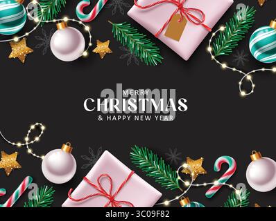 Elegant Christmas Greeting Vector Design with Gifts, Baubles, Candy Canes, and Christmas Light on Black Background Vector Illustration. Christmas Clip Stock Vector