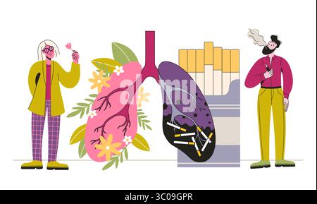 Healthy pink lungs decorated with flowers contrast with damaged black lungs filled with cigarette butts. Man smoking and woman holding flower Stock Vector