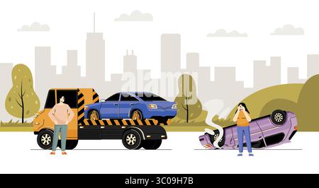 Road emergency. Tow truck loading damaged car after urban road accident. Woman upset near overturned smoking vehicle. Collision concept and insurance Stock Vector