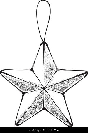 vector graphic metal Christmas star ornament with hanging loop. Hand-painted festive decor element on white background. Perfect for winter cards, invi Stock Vector