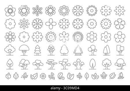 Line icons of flowers, trees and leaves on white background. Collection of botanical outline icons. Natural decorative elements for eco, UI and Stock Vector