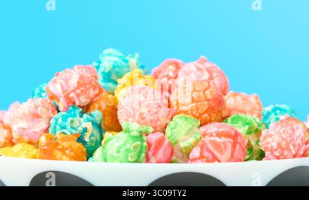 Closeup of Multi-Colored Caramel Corn in Bowl Stock Photo