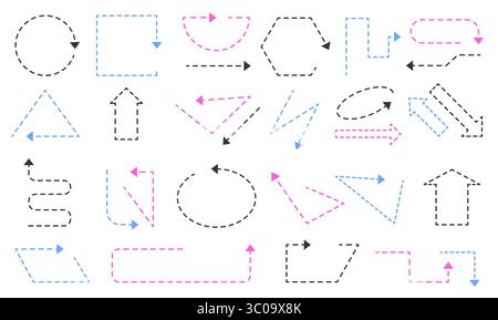 Dash line arrows. Dotted sketchy direction arrow marks, simple curved straight arrowed pointers and dynamic movement signs. Vector dashed arrows Stock Vector